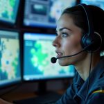Emergency dispatcher wearing headset speaking urgently into microphone during crisis response communication to save lives