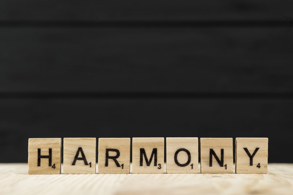 The word harmony spelt with wooden letters